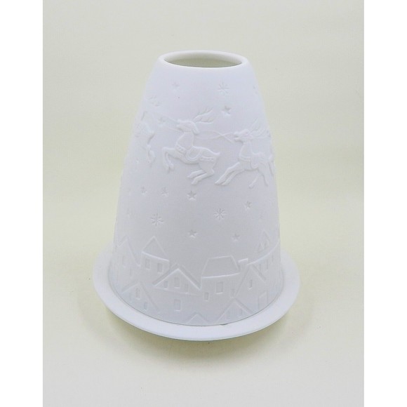 Lithophane Fairy Lamp Santa Claus Reindeer In Flight White Bisque Candle Holder - Picture 2 of 8
